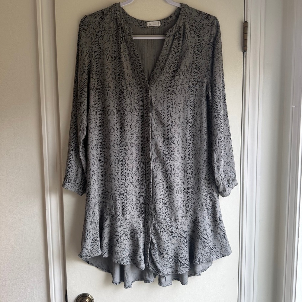 Gentle Fawn Grey Black Geometric Print Ruffle Hem Button Front Tunic Dress Small